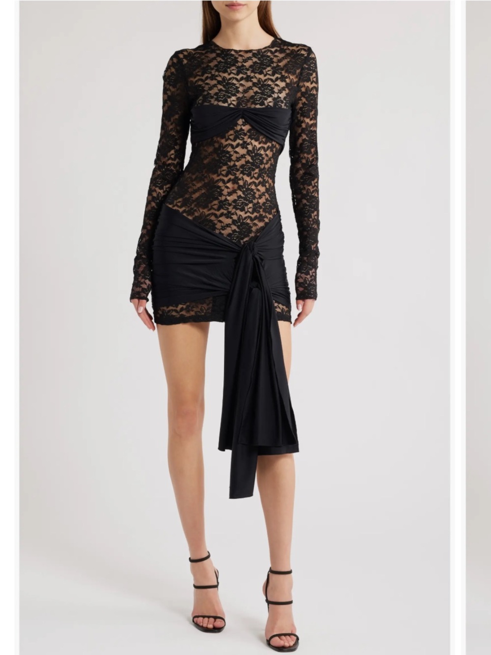 Lioness Midnight Long Sleeve Semisheer Lace Minidress in black, Medium = US 6